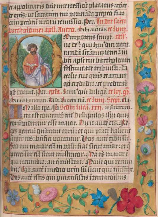 Bildinitiale O: Bartholomaeus mit Buch ... from