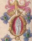 Bildinitiale L:Felicitas mit Schwert und den Häuptern der sieben Söhne (10.7.)In Ranke Medaillons mit Maria und Kind bzw. Erbärmdechristus
