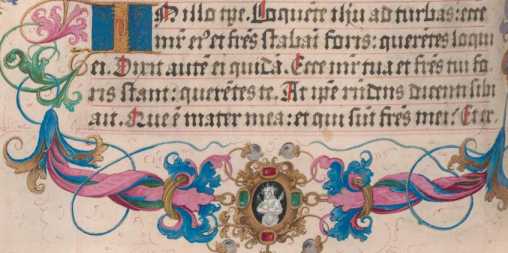 Bildinitiale L:Felicitas mit Schwert und den Häuptern der sieben Söhne (10.7.)In Ranke Medaillons mit Maria und Kind bzw. Erbärmdechristus
