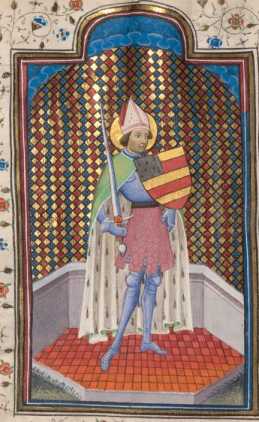 Vollbild: Arnulf von Metz, geleidet in Ritterrüstung und grünem, mit Hermelin gefütterten Mantel, mit Mitra, Schwert und Schild; letzterer ist fünfmal von Gold und Rot geteilt, reccht oben ein Hermelinfreiviertel. Der Hintergrund ist gold, rot, blau, der Boden rot, mit Schachbrettmusterung.  (#)
