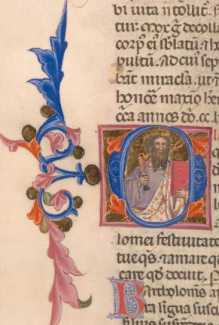 Bildinitiale O: Apostel Bartholomäus mit Messer und Buch
