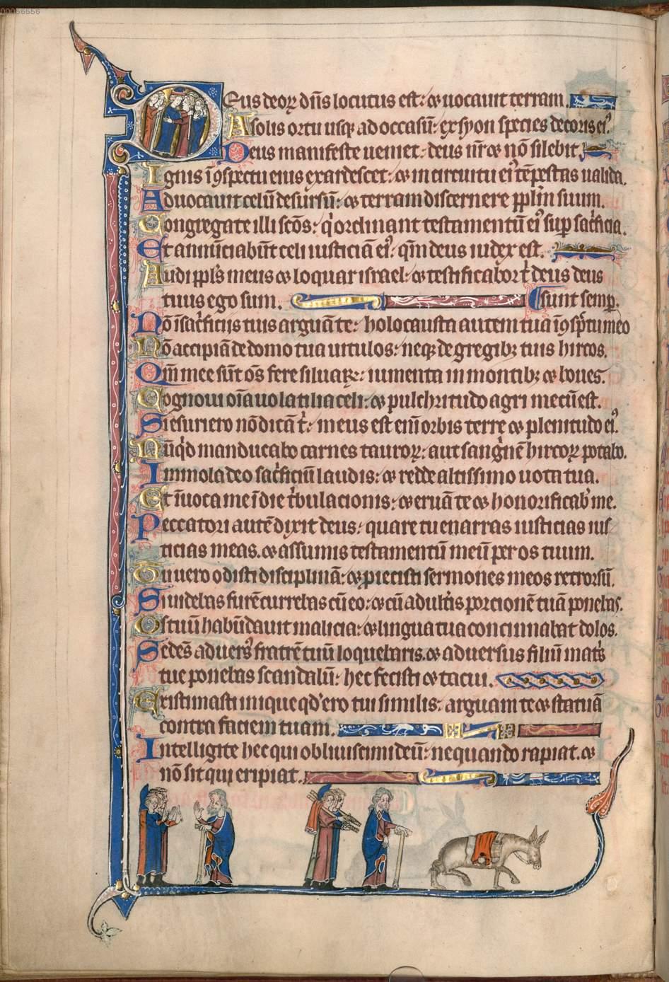 Historisierte Initiale D Eus Deorum Dominus Locutus Est Josef Gibt Sich Seinen Brudern Zu Erkennen Josefs Bruder Bei Ihrem Vater Jakob Und Auf Dem Weg Nach Agypten Ein Esel Tragt Den Blutigen Mantel