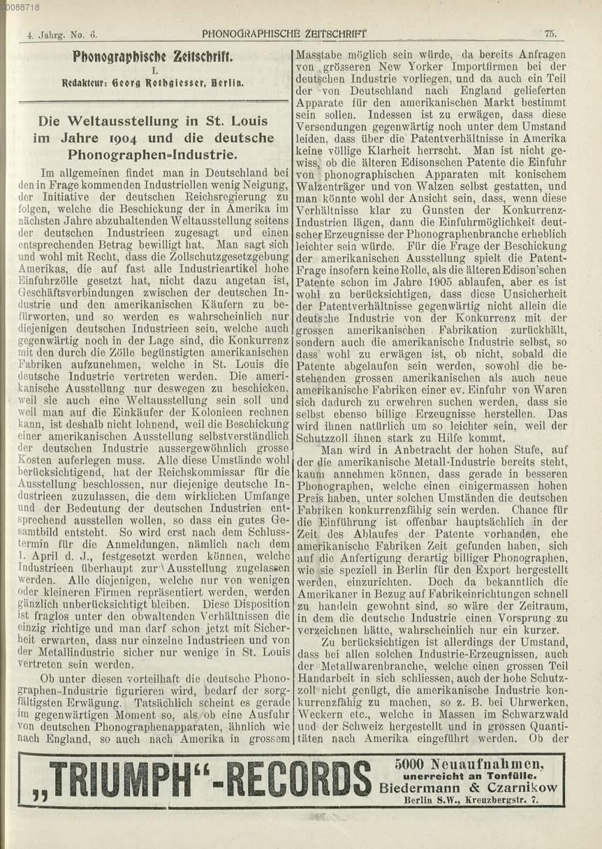 Die Weltausstellung In St. Louis Im Jahre 1904 Und Die Deutsche  Phonographen-Industrie. (75) , Aus: Phonographische Zeitschrift ( 1903) -  Digitalisiertes Buch Aus Dem Urheberrechtsfreien Bestand Der Bayerischen  Staatsbibliothek München [Deutschland ...